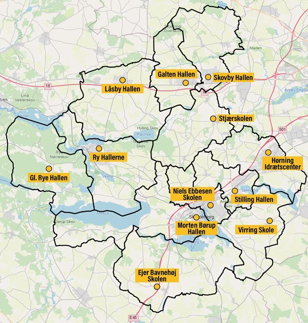Kort over de 12 valgsteder i Skanderborg Kommune.